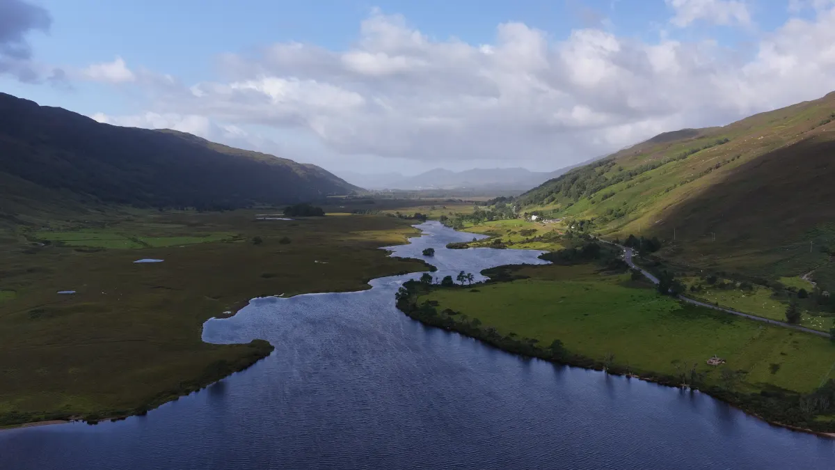 Scottish landscape: a loch between green hills, seen from the air